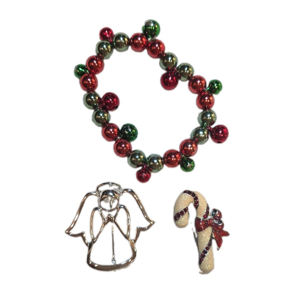 Vintage Red & Green Metal Jingle Bells Stretch Bracelet & 2 Christmas Pins